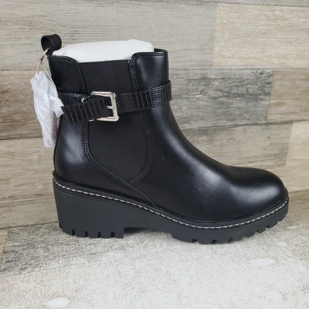 Mia Elis Womens Ankle Bootie Sz 9 M Black Faux Leather Buckled Wedge Round Toe